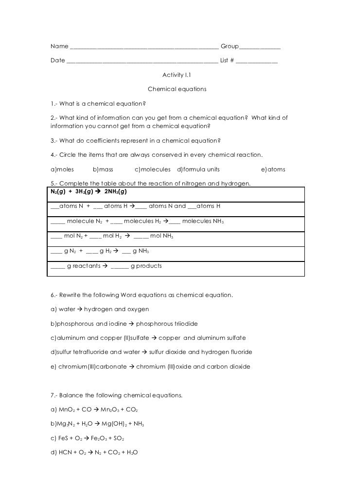 Worksheet chemical equations