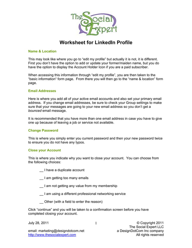 Worksheet for linked in