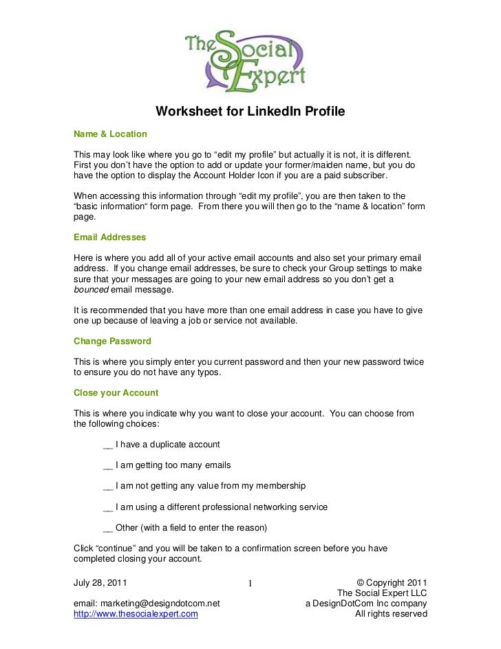 Linkedin Profile Worksheet Linkedin Profile Setup Worksheet Linkedin Profile Worksheet Linkedin Profile Setup Worksheet