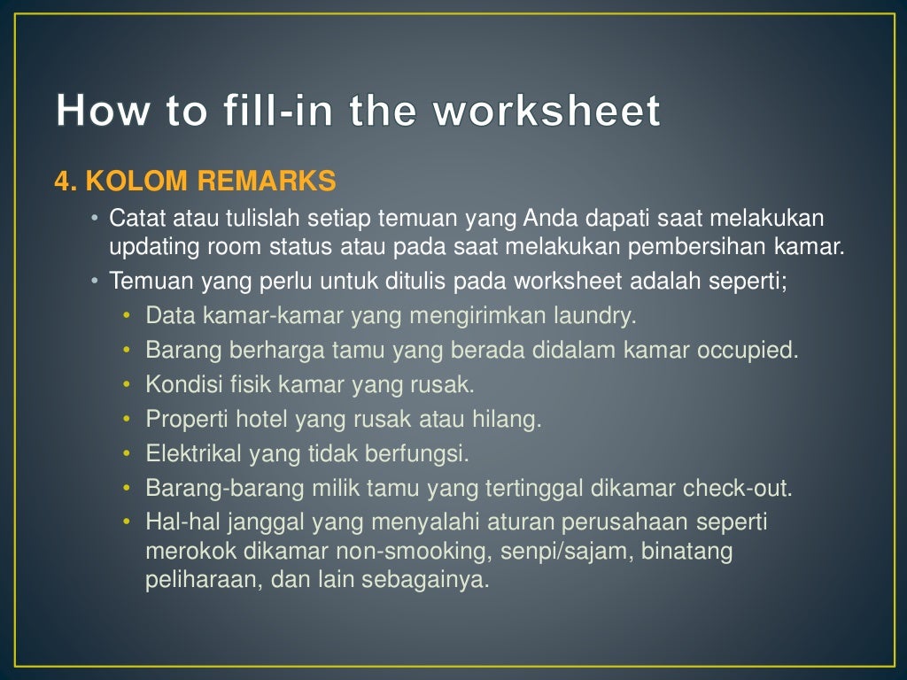 Worksheet function for Room Attendant