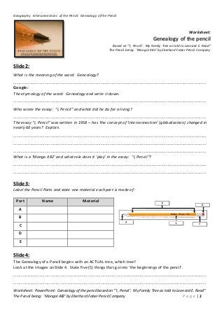 Geography: Interconnections of the Pencil: Genealogy of the Pencil
Worksheet: PowerPoint: Genealogy of thepencil based on “‘I, Pencil’: My Family Tree as told to Leonard E. Read”
The Pencil being: ‘Mongol 482’ by Eberhard Faber Pencil Company P a g e | 1
Worksheet:
Genealogy of the pencil
Based on “‘I, Pencil’: My Family Tree as told to Leonard E. Read”
The Pencil being: ‘Mongol 482’ by Eberhard Faber Pencil Company
Slide 2:
What is the meaning of the word: Genealogy?
……………………………………………………………………………………………………………………………………………………………………
Google:
The etymology of the word: Genealogy and write it down.
……………………………………………………………………………………………………………………………………………………………………
Who wrote the essay: “I, Pencil” and what did he do for a living?
……………………………………………………………………………………………………………………………………………………………………
The essay “I, Pencil” was written in 1958 – has ‘the concept of ‘interconnection’ (globalization) changed in
nearly 60 years? Explain.
……………………………………………………………………………………………………………………………………………………………………
……………………………………………………………………………………………………………………………………………………………………
……………………………………………………………………………………………………………………………………………………………………
What is a ‘Mongo 482’ and what role does it ‘play’ in the essay: “I, Pencil”?
……………………………………………………………………………………………………………………………………………………………………
……………………………………………………………………………………………………………………………………………………………………
Slide 3:
Label the Pencil Parts and state one material each part is made of:
Part Name Material
A
B
C
D
E
Slide 4:
The Genealogy of a Pencil begins with an ACTUAL tree, which tree?
Look at the images on Slide 4. State five (5) things that go into ‘the beginnings of the pencil’.
……………………………………………………………………………………………………………………………………………………………………
……………………………………………………………………………………………………………………………………………………………………
 