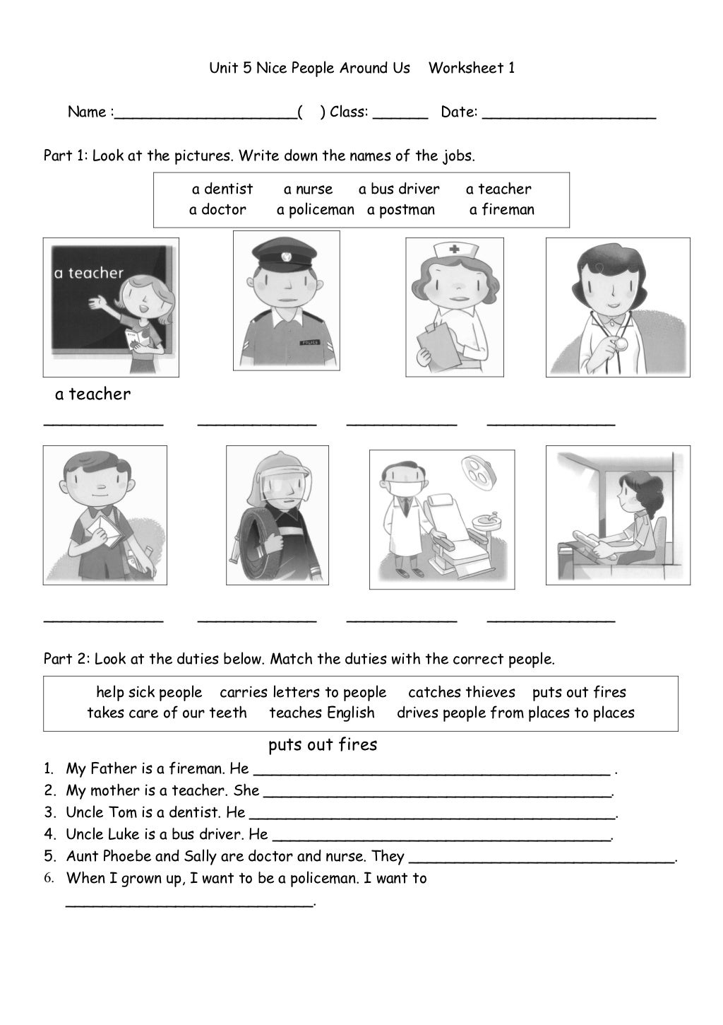 Worksheet jobs and duties
