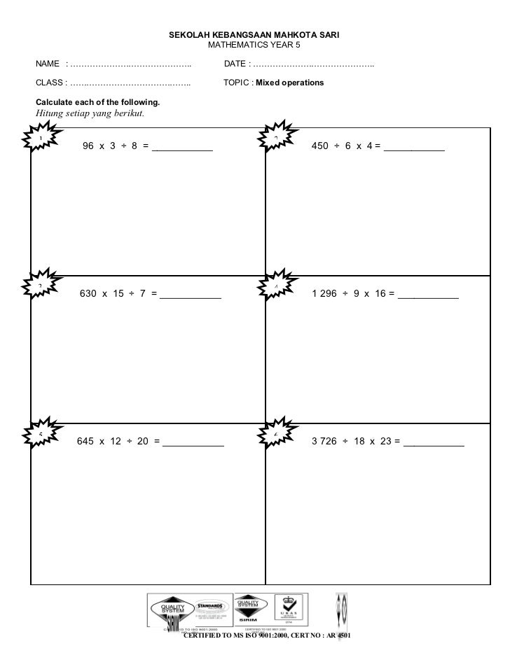 worksheet mixed operation year 5