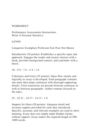 WORKSHEET
Performance Assessments Instructions:
Write A Personal Narrative
LS7059
Categories Exemplary Proficient Fair Poor Not Shown
Introduction (10 points): Establishes a specific topic and
approach. Engages the reader and creates interest with a
hook, provides background context, and concludes with a
thesis.
10 - 9 8 - 7 6 - 5 4 - 1 0
Coherence and Unity (25 points): Ideas flow clearly and
logically as essay is developed. Each paragraph contains
one main idea (topic sentence) with thorough supporting
details. Clear transitions are present between sentences as
well as between paragraphs. Author remains focused on
the topic.
25 - 22 21 - 18 17 - 14 13 - 1 0
Support for Ideas (20 points): Adequate detail and
accurate support provided for each idea introduced.
Specific, accurate, and relevant examples are used to show
meaning. Essay does not simply make blanket claims
without support. Essay makes the required length of 500-
1000 words.
 