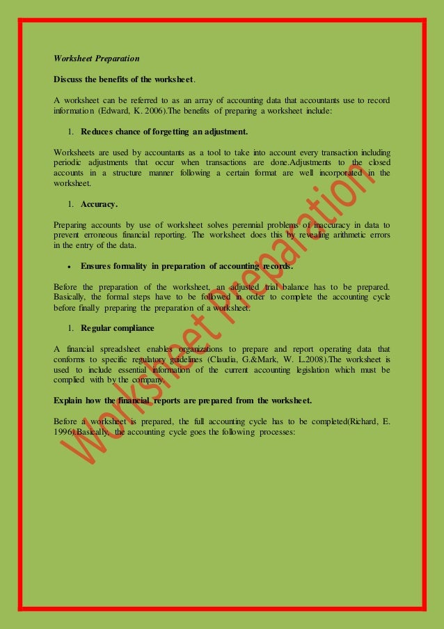 Worksheet Preparation Worksheet Preparation
