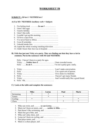 WORKSHEET 58
SUBJECT : SO do I / NEITHER do I
A) Use SO / NEITHER Auxiliary verb + Subject:
1. I’m feeling tired. ………. So am I …………… .
2. I don’t like eggs. ………………………………..
3. I need a holiday. ………………………………..
4. I don’t like milk. ………………………………..
5. I couldn’t get up this morning. ……………………..
6. I’d love a cup of tea. ……………………………….
7. I’ve never been to Africa. …………………………..
8. I was ill yesterday. …………………………………
9. I should smoke less. ………………………………..
10. I spent the whole evening watching television . ………………………
11. I didn’t know that Ann was in hospital. ……………………………..
B) Felix has just met Vicky at a party. They are finding out that they have a lot in
common. Put in the sentences with SO and NEITHER:
Felix : I haven’t been to a party for ages.
Vicky: ….. Neither have I. …………………… I hate crowded rooms.
Felix : ….. So do I . ………………………….. I’m not a party-goer, really.
1. Vicky: ………………………………………… I can’t make conversation.
2. Felix : ………………………………………… I’m a quiet sort of person.
3. Vicky: ………………………………………… I live alone in a bedsitter.
4. Felix : ………………………………………… I haven’t got many friends.
5. Vicky: ………………………………………… And I would really like a good friend.
6. Felix : Oh, …………………………………….
C) Look at the table and complete the sentences:
Mike Lorna Paul Marie
Swimming * *
Tennis * *
Cycling * *
Chess * *
1. Mike can swim, and ……… so can Lorna. ……….
2. Marie isn’t keen on tennis, and ……. neither is Mike. ………
3. Paul doesn’t like swimming, and ……………………… .
4. Marie has got a bike, and …………………………….. .
5. Mike can’t play chess, and ………………………… .
6. Lorna isn’t keen on cycling, and …………………………… .
7. Paul plays tennis, and ……………………….. .
8. Marie is a chess player, and …………………………….. .
 
