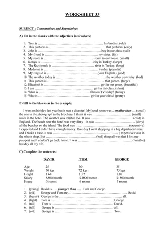 WORKSHEET 33
SUBJECT : Comparatives and Superlatives
A) Fill in the blanks with the adjectives in brackets:
1. Tom is …………………………………………………… his brother. (old)
2. This problem is ……………………………………………. that problem. (easy)
3. John is …………………………………………………. boy in our class. (tall)
4. My friend is …………………………………………. my sister. (fat)
5. My room is ……………………………………… room in our house. (small)
6. Konya is ………………………………………… city in Turkey. (large)
7. The Kızılırmak is ………………………………… river in Turkey. (long)
8. Madonna is ………………………………………….. Sandra. (popular)
9. My English is ……………………………………….. your English. (good)
10. The weather today is ………………………………………. the weather yesterday. (bad)
11. This garden is …………………………………………….. that garden. (large)
12. Elizabeth is ……………………………………………. girl in our group. (beautiful)
13. I am ……………………………………………… girl in the class. (short)
14. What is ……………………………………….. film on TV today? (funny)
15. Who is ………………………………………… girl in your class? (pretty)
B) Fill in the blanks as in the example:
I went on holiday last year but it was a disaster! My hotel room was .. smaller than … (small)
the one in the photograph in the brochure. I think it was ……………………………… (small)
room in the hotel. The weather was terrible too. It was ………………………………… (cold) in
England. The beach near the hotel was very dirty – it was ……………………………….. (dirty)
all the beaches on the island. The food was …………………………………………. (expensive)
I expected and I didn’t have enough money. One day I went shopping in a big department store
and I broke a vase. It was …………………………………………………… ( expensive) vase in
the whole shop. But ………………………………………. (bad) thing all was that I lost my
passport and I couldn’t go back home. It was ………………………………………….. (horrible)
holiday all my life.
C) Complete the sentences:
DAVID TOM GEORGE
Age 25 30 35
Weight 70 kgs 72 kgs 75 kgs
Height 1.68 1.72 1.80
Salary $800/month $1000/month $1500/month
House 3 rooms 4 rooms 5 rooms
1. (young) David is ….. younger than …. Tom and George.
2. (old) George and Tom are ……………………………………………… David.
3. (heavy) George is the …………………………………………………. all.
4. (light) Tom is …………………………………………………. George.
5. (tall) Tom is ………………………………………………… David.
6. (tall) George is ……………………………………………… all.
7. (old) George is ……………………………………………… Tom.
 