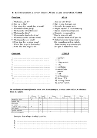 C) Read the questions & answers about ALAN and ask and answer about JUDITH.
Questions: ALAN
1. What does Alan do? 1. Alan’s a lorry driver.
2. How old is Alan? 2. He’s twenty-five years old.
3. How many days a week does he work? 3. He works five days a week.
4. What time does he get up? 4. He gets up at six o’clock every day.
5. What does he eat for breakfast? 5. He eats an enormous breakfast.
6. What does he drink? 6. He drinks two cups of tea.
7. What does he do after breakfast? 7.Then he kisses his wife.
8. What time does he leave for work? 8.He leaves for work at half past six.
9. Where does he have lunch? 9. He has lunch in a transport café.
10.What time does he come home? 10.He comes home at five o’clock.
11.Where does he go in the evening? 11.In the evening he goes to the pub.
12.What time does he go to bed? 12.He goes to bed at ten o’clock.
Questions: JUDITH
1. ………………………………………………. 1. secretary
2. ………………………………………………. 2. 18
3. ……………………………………………….. 3. 5 days a week.
4. ……………………………………………….. 4. 7.30
5. ……………………………………………….. 5. cornflakes
6. ……………………………………………….. 6. orange-juice
7. ……………………………………………….. 7. parents
8. ……………………………………………….. 8. 8.15
9. ……………………………………………….. 9. in the canteen
10. ………………………………………………. 10. home / 5.30
11. ………………………………………………. 11. evening classes
12. ………………………………………………. 12. eleven o’clock
D) Fill in the chart for yourself. Then look at the example. Choose and write TEN sentences
from the chart:
Always Usually Often Sometimes Never
Tom You Tom You Tom You Tom You Tom You
Drink fizzy drinks *
buy fast food *
play tennis *
eat sweets *
watch TV in the evenings *
save money *
listen to cassettes *
play computer games *
Example: Tom always drinks fizzy drinks.
1. ………………………………………………………………………………………………
2. ………………………………………………………………………………………………
3. ………………………………………………………………………………………………
4. ………………………………………………………………………………………………
 