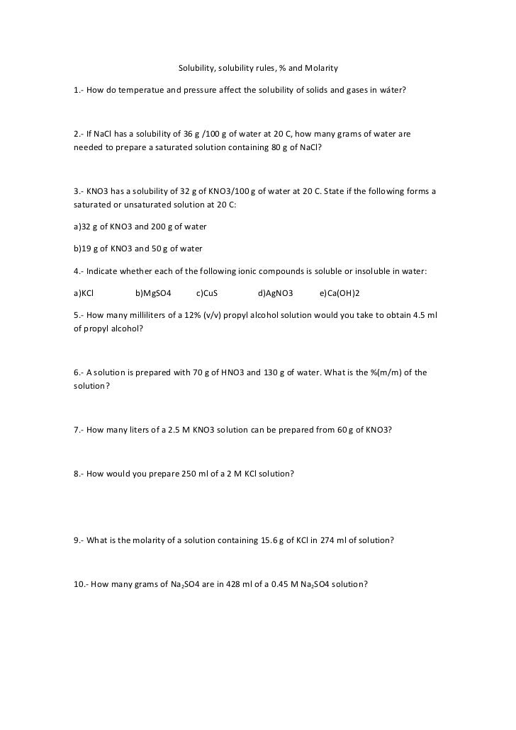 Worksheet solubility % and m