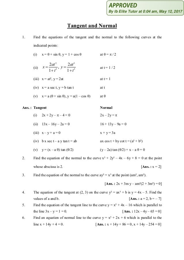 Tangent Line Calculus Worksheet