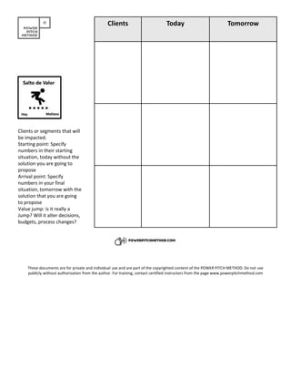 Clients Today Tomorrow
Clients or segments that will
be impacted.
Starting point: Specify
numbers in their starting
situation, today without the
solution you are going to
propose
Arrival point: Specify
numbers in your final
situation, tomorrow with the
solution that you are going
to propose
Value jump: is it really a
Jump? Will it alter decisions,
budgets, process changes?
These documents are for private and individual use and are part of the copyrighted content of the POWER PITCH METHOD. Do not use
publicly without authorization from the author. For training, contact certified instructors from the page www.powerpitchmethod.com
 