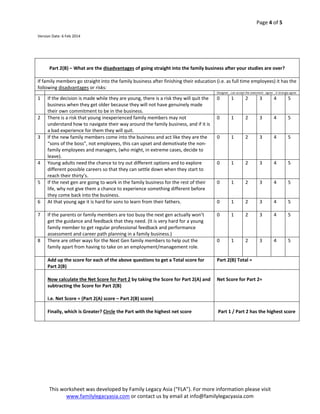 Page 4 of 5 

 
Version Date: 6 Feb 2014 

 
 

Part 2(B) – What are the disadvantages of going straight into the family business after your studies are over? 
 
If family members go straight into the family business after finishing their education (i.e. as full time employees) it has the 
following disadvantages or risks:  
 

 

Disagree …can accept the statement . agree …V strongly agree 

1 

If the decision is made while they are young, there is a risk they will quit the 
business when they get older because they will not have genuinely made 
their own commitment to be in the business.  
There is a risk that young inexperienced family members may not 
understand how to navigate their way around the family business, and if it is 
a bad experience for them they will quit. 
If the new family members come into the business and act like they are the 
“sons of the boss”, not employees, this can upset and demotivate the non‐
family employees and managers, (who might, in extreme cases, decide to 
leave). 
Young adults need the chance to try out different options and to explore 
different possible careers so that they can settle down when they start to 
reach their thirty’s.  
If the next gen are going to work in the family business for the rest of their 
life, why not give them a chance to experience something different before 
they come back into the business.   
At that young age it is hard for sons to learn from their fathers.
 
If the parents or family members are too busy the next gen actually won’t 
get the guidance and feedback that they need. (It is very hard for a young 
family member to get regular professional feedback and performance 
assessment and career path planning in a family business.) 
There are other ways for the Next Gen family members to help out the 
family apart from having to take on an employment/management role.   
 
Add up the score for each of the above questions to get a Total score for 
Part 2(B) 
 
Now calculate the Net Score for Part 2 by taking the Score for Part 2(A) and 
subtracting the Score for Part 2(B)  
 
i.e. Net Score = (Part 2(A) score – Part 2(B) score)   
 
Finally, which is Greater? Circle the Part with the highest net score 
 

0

1 

2 

3

4

5

0

1 

2 

3

4

5

0

1 

2 

3

4

5

0

1 

2 

3

4

5

0

1 

2 

3

4

5

0

1 

2 

3

4

5

0

1 

2 

3

4

5

0

1 

2 

3

4

5

2 

3 

4 

5 

6 
7 

8 

 
 

 

Part 2(B) Total = 

Net Score for Part 2= 
 

 
Part 1 / Part 2 has the highest score 

 
 

 

This worksheet was developed by Family Legacy Asia (“FLA”). For more information please visit 
www.familylegacyasia.com or contact us by email at info@familylegacyasia.com   
 

 