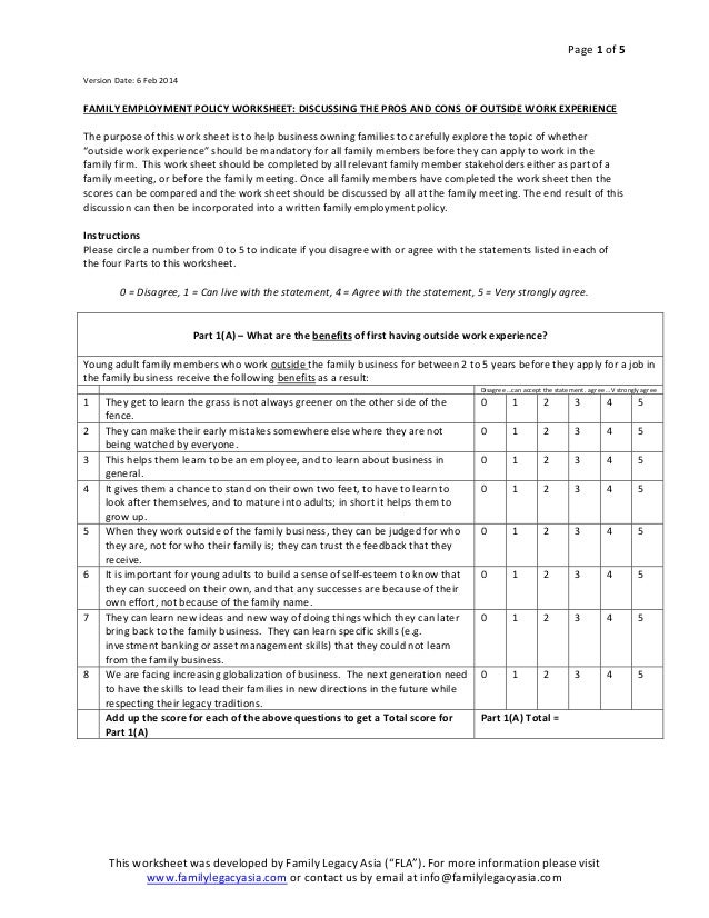 worksheet to discuss the topic of outside work experience for family