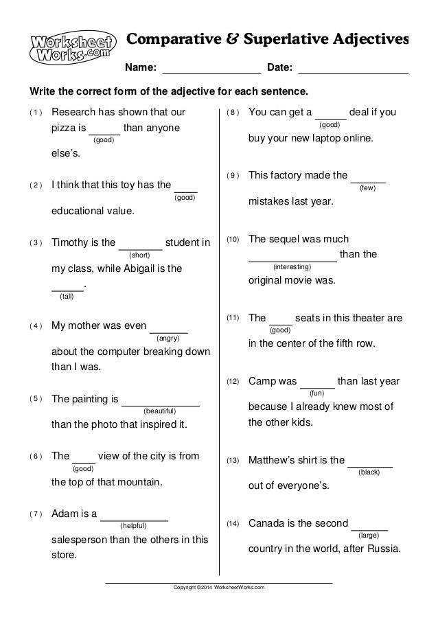 Superlative And Comparative Adjectives Worksheets