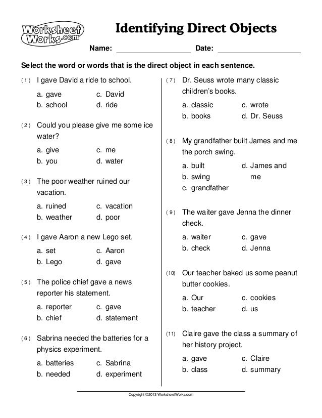 Worksheet Works Identifying direct objects 1