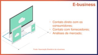 Fonte: Associação Brasileira de e-business
E-business
• Contato direto com os
consumidores;
• Contato com fornecedores;
• Análises de mercado;
 