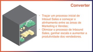 Converter
• Traçar um processo inicial de
Inboud Sales e começar o
alinhamento entre as áreas de
Marketing e Vendas;
• Otimizar o processo de Inbound
Sales, ganhar escala e aumentar a
produtividade dos vendedores.
 