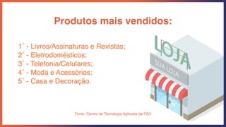 1˚ - Livros/Assinaturas e Revistas;
2˚ - Eletrodomésticos;
3˚ - Telefonia/Celulares;
4˚ - Moda e Acessórios;
5˚ - Casa e Decoração.
Produtos mais vendidos:
Fonte: Centro de Tecnologia Aplicada da FGV
 