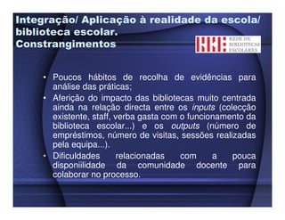 Integração/ Aplicação à realidade da escola/
biblioteca escolar.
Constrangimentos


    • Poucos hábitos de recolha de evidências para
      análise das práticas;
    • Aferição do impacto das bibliotecas muito centrada
      ainda na relação directa entre os inputs (colecção
      existente, staff, verba gasta com o funcionamento da
      biblioteca escolar...) e os outputs (número de
      empréstimos, número de visitas, sessões realizadas
      pela equipa...).
    • Dificuldades       relacionadas   com     a   pouca
      disponiilidade da comunidade docente para
      colaborar no processo.
 