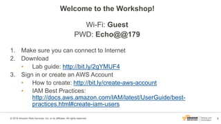 2© 2016 Amazon Web Services, Inc. or its affiliates. All rights reserved.
Welcome to the Workshop!
Wi-Fi: Guest
PWD: Echo@...