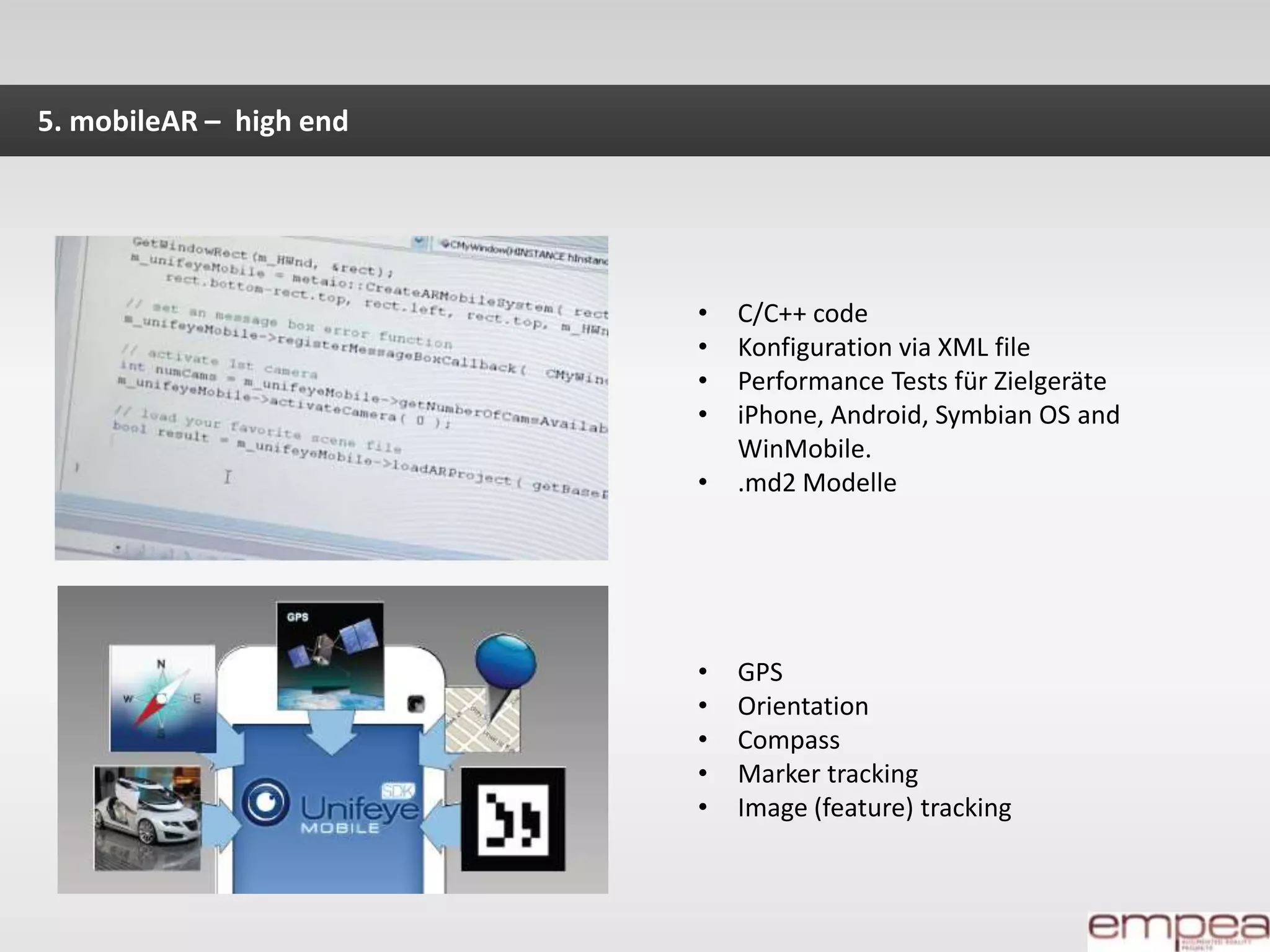 ISMAR2010Exkurs PTAM(M) – Parallel Tracking and (multi) Mappinghttp://www.youtube.com/watch?v=pBI5HwitBX4&feature=player_embedded#!Source code: http://ardevcamp.mixxt.deProjektseite: http://www.robots.ox.ac.uk/~gk/youtube.html