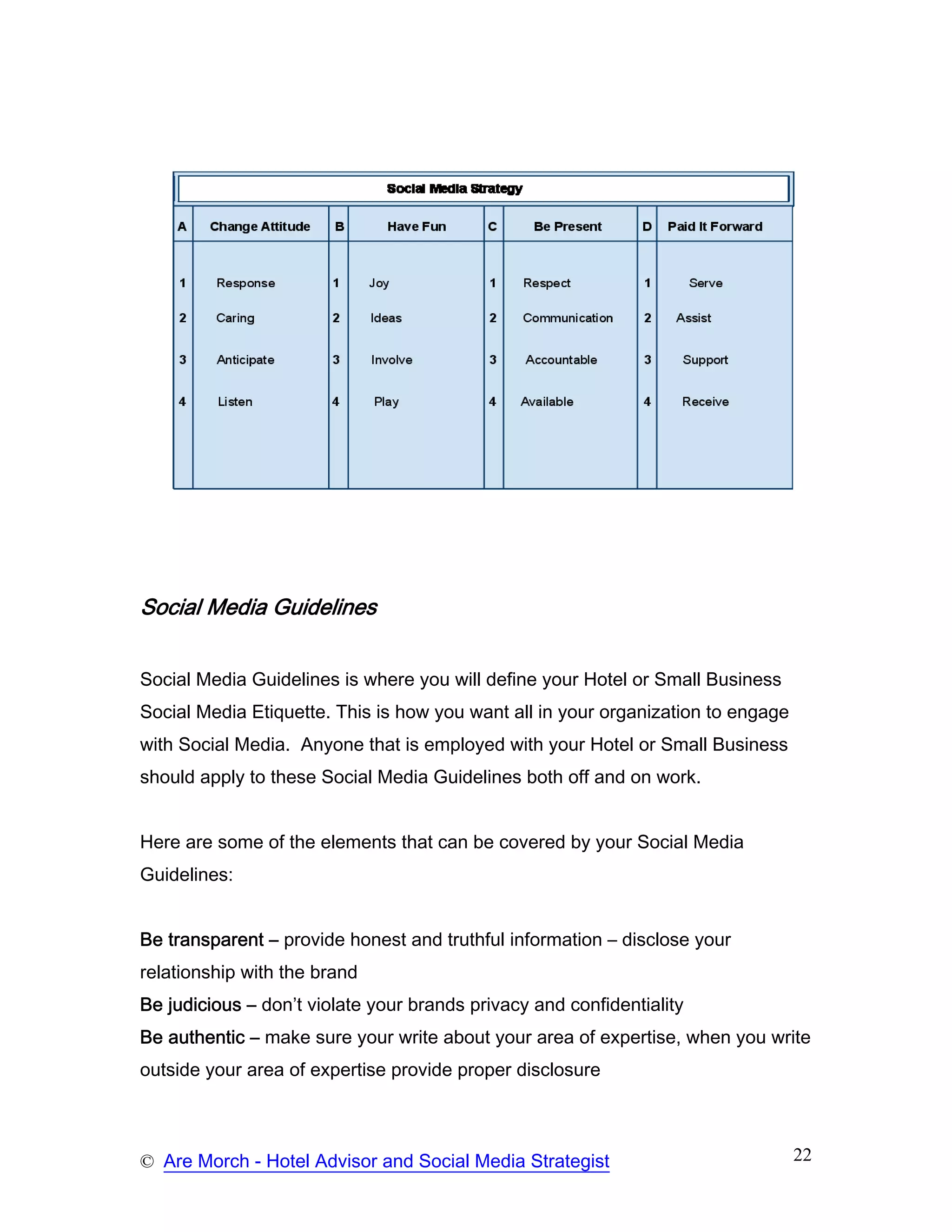 Social Media Guidelines


Social Media Guidelines is where you will define your Hotel or Small Business
Social Media Etiquette. This is how you want all in your organization to engage
with Social Media. Anyone that is employed with your Hotel or Small Business
should apply to these Social Media Guidelines both off and on work.


Here are some of the elements that can be covered by your Social Media
Guidelines:


Be transparent – provide honest and truthful information – disclose your
relationship with the brand
Be judicious – don’t violate your brands privacy and confidentiality
Be authentic – make sure your write about your area of expertise, when you write
outside your area of expertise provide proper disclosure



© Are Morch - Hotel Advisor and Social Media Strategist                           22
 