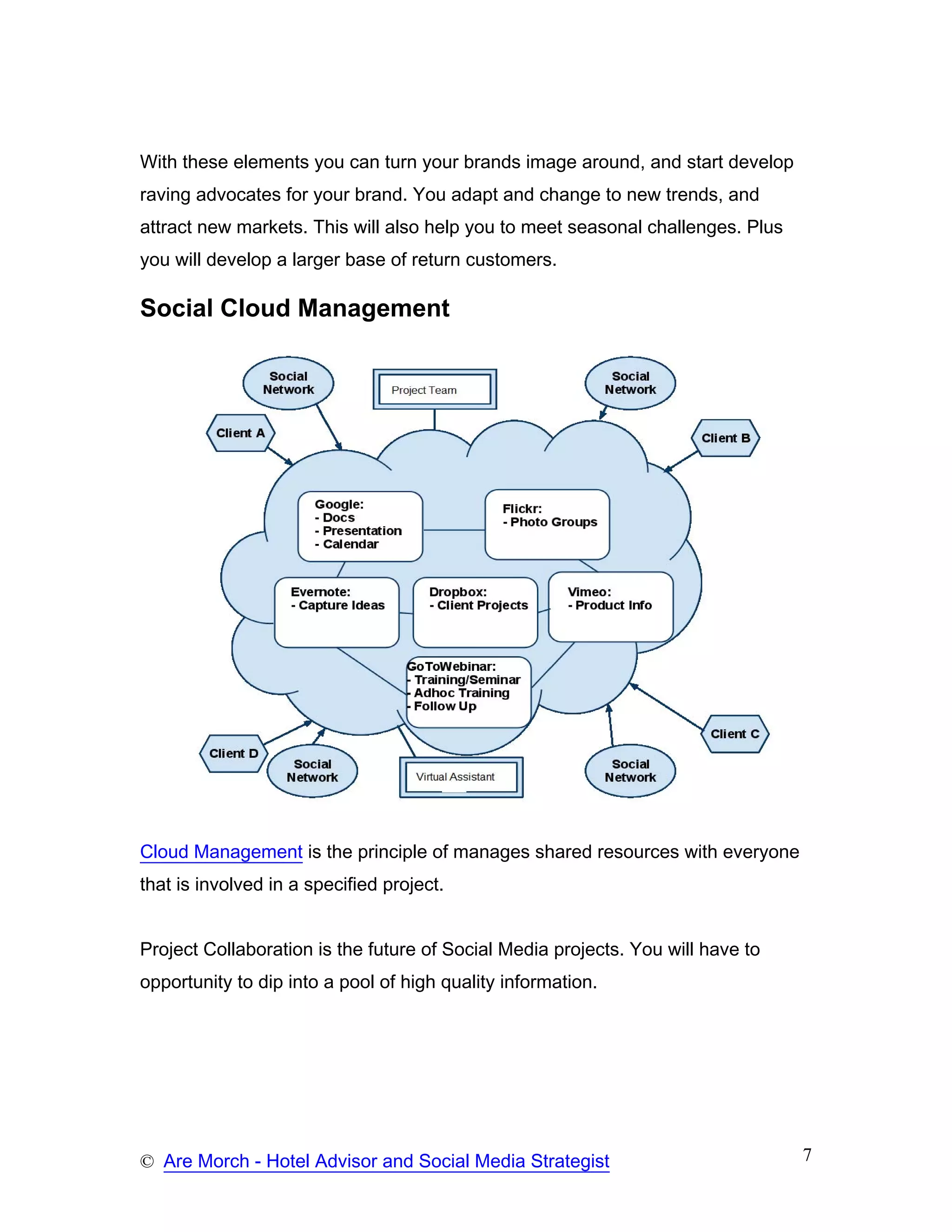 With these elements you can turn your brands image around, and start develop
raving advocates for your brand. You adapt and change to new trends, and
attract new markets. This will also help you to meet seasonal challenges. Plus
you will develop a larger base of return customers.

Social Cloud Management




Cloud Management is the principle of manages shared resources with everyone
that is involved in a specified project.


Project Collaboration is the future of Social Media projects. You will have to
opportunity to dip into a pool of high quality information.




© Are Morch - Hotel Advisor and Social Media Strategist                          7
 
