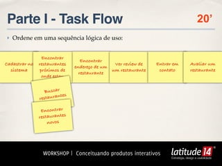 Parte I - Task Flow                                                                      20’
‣ Ordene em uma sequência lógica de uso:


                Encontrar
                                  Encontrar
Cadastrar no   restaurantes                    Ver review de   Entrar em           Avaliar um
                               endereço de um
  sistema      próximos de                    um restaurante    contato            restaurante
                                 restaurante
                onde estou


                  Buscar
                        ntes
               restaura

                Encontrar
               restaurantes
                   novos




                WORKSHOP | Conceituando produtos interativos
                                                                     Estratégia, design e usabilidade
 