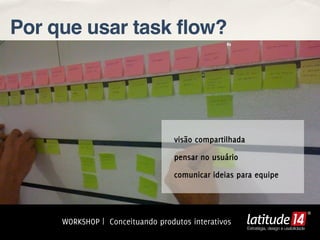 Por que usar task flow?




                                  visão compartilhada

                                  pensar no usuário

                                  comunicar ideias para equipe




     WORKSHOP | Conceituando produtos interativos
                                                        Estratégia, design e usabilidade
 