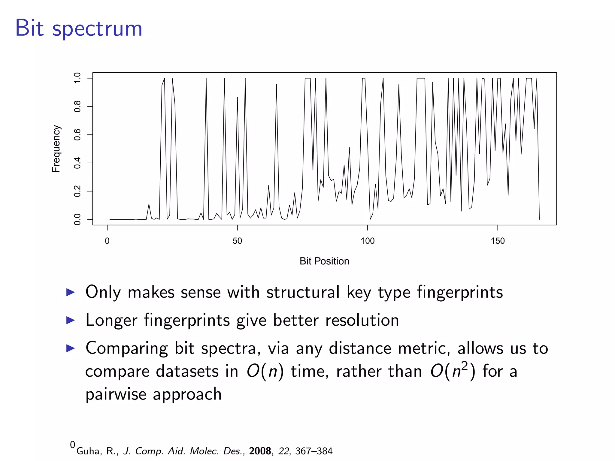 Bit spectrum
               1.0
               0.8
   Frequency

               0.6
               0.4
               0.2
               0.0




                         0                         50                            100   150

                                                                  Bit Position


                     Only makes sense with structural key type ﬁngerprints
                     Longer ﬁngerprints give better resolution
                     Comparing bit spectra, via any distance metric, allows us to
                     compare datasets in O(n) time, rather than O(n2 ) for a
                     pairwise approach

               0
                   Guha, R., J. Comp. Aid. Molec. Des., 2008, 22, 367–384
 