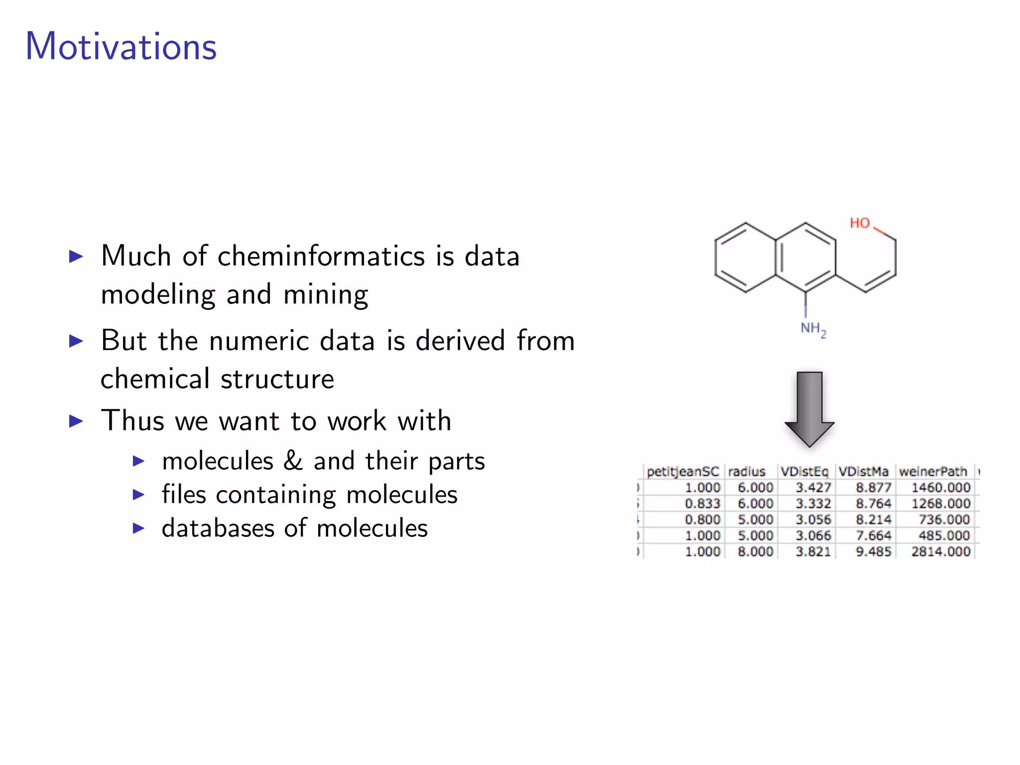 Motivations




    Much of cheminformatics is data
    modeling and mining
    But the numeric data is derived from
    chemical structure
    Thus we want to work with
        molecules & and their parts
        ﬁles containing molecules
        databases of molecules
 