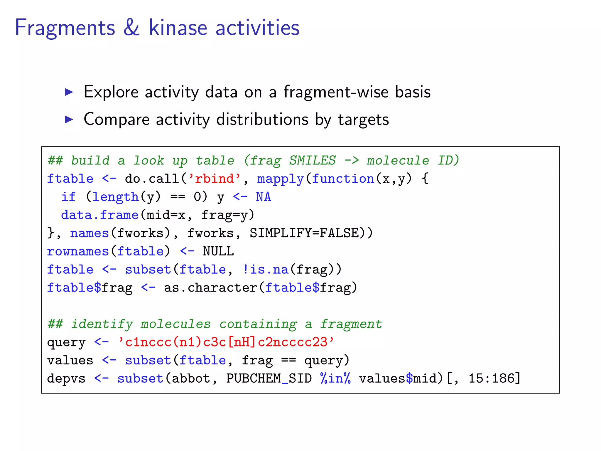 Fragments & kinase activities

       Explore activity data on a fragment-wise basis
       Compare activity distributions by targets

   ## build a look up table (frag SMILES -> molecule ID)
   ftable <- do.call(’rbind’, mapply(function(x,y) {
     if (length(y) == 0) y <- NA
     data.frame(mid=x, frag=y)
   }, names(fworks), fworks, SIMPLIFY=FALSE))
   rownames(ftable) <- NULL
   ftable <- subset(ftable, !is.na(frag))
   ftable$frag <- as.character(ftable$frag)

   ## identify molecules containing a fragment
   query <- ’c1nccc(n1)c3c[nH]c2ncccc23’
   values <- subset(ftable, frag == query)
   depvs <- subset(abbot, PUBCHEM_SID %in% values$mid)[, 15:186]
 