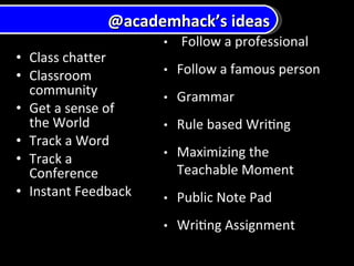 Class chatter Classroom community Get a sense of the World Track a Word Track a Conference Instant Feedback @academhack ’ s ideas 