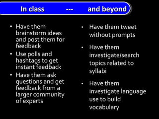 Have them brainstorm ideas and post them for feedback Use polls and hashtags to get instant feedback Have them ask questions and get feedback from a larger community of experts In class  ---  and beyond 