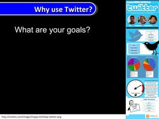 Why use Twitter? http://viralms.com/images/happy-birthday-twitter.png What are your goals? 