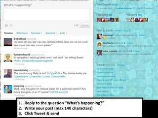 Reply to the question  “ What ’ s happening? ” Write your post (max 140 characters) Click Tweet & send 