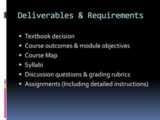 Deliverables & Requirements

 Textbook decision
 Course outcomes & module objectives
 Course Map
 Syllabi
 Discussion questions & grading rubrics
 Assignments (Including detailed instructions)
 