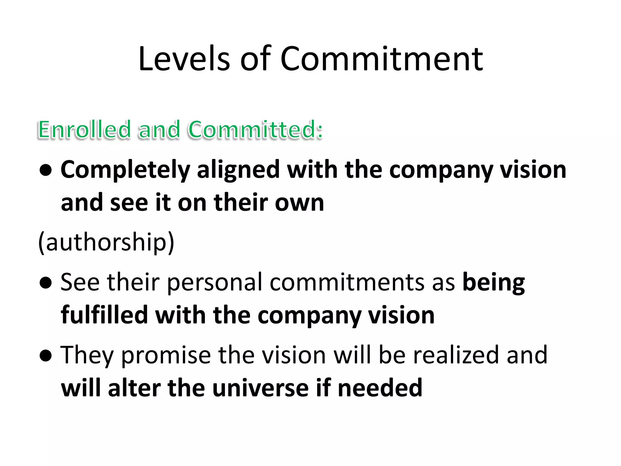Levels of Commitment

● Completely aligned with the company vision
  and see it on their own
(authorship)
● See their personal commitments as being
  fulfilled with the company vision
● They promise the vision will be realized and
  will alter the universe if needed
 