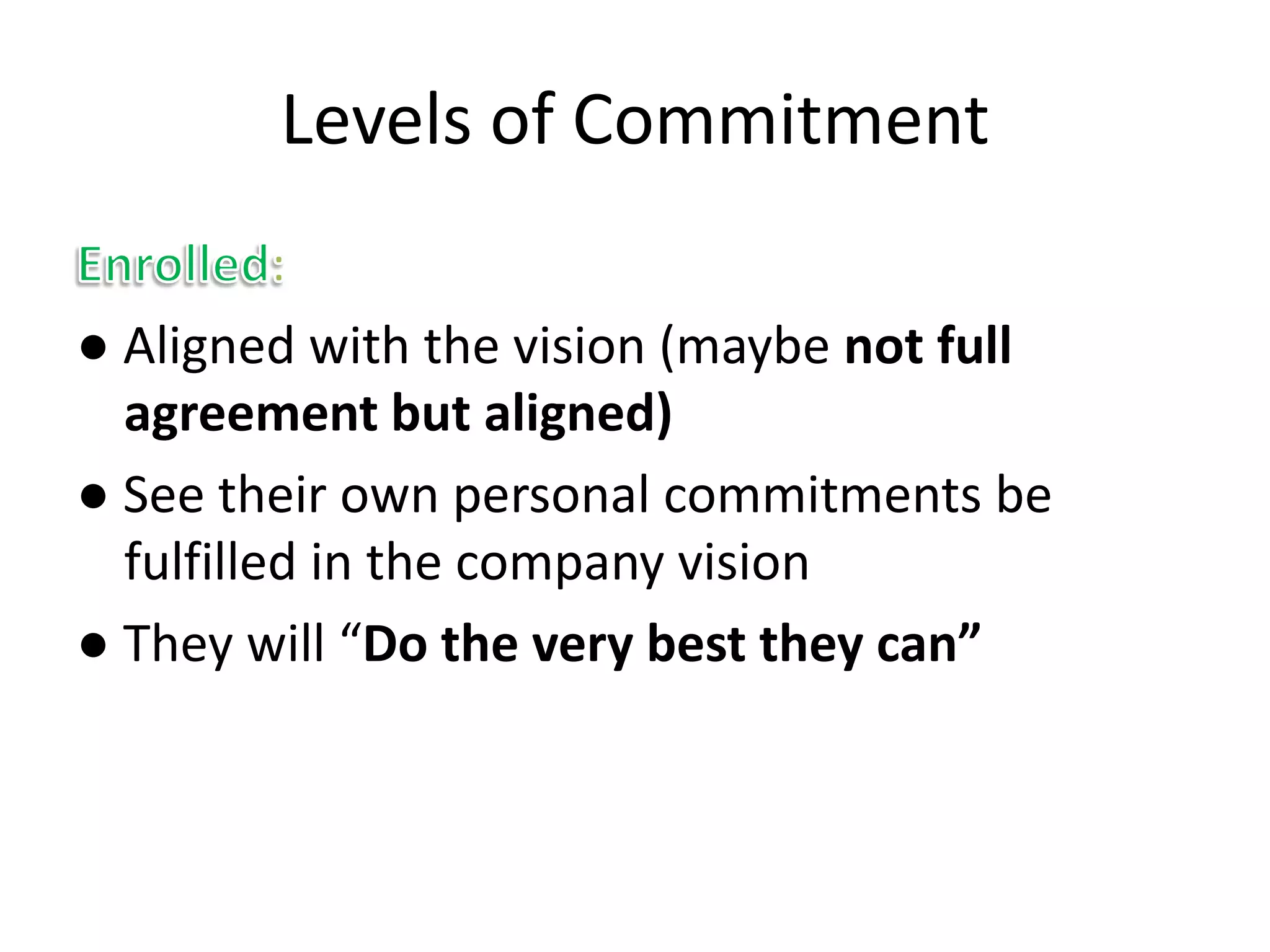 Levels of Commitment

● Aligned with the vision (maybe not full
  agreement but aligned)
● See their own personal commitments be
  fulfilled in the company vision
● They will “Do the very best they can”
 