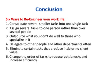 Six Ways to Re-Engineer your work life:
1. Consolidate several smaller tasks into one single task
2. Assign several tasks to one person rather than over
   several people
3. Outsource what you don’t do well to those who
   specialize in it
4. Delegate to other people and other departments often
5. Eliminate certain tasks that produce little or no client
   value
6. Change the order of tasks to reduce bottlenecks and
   increase efficiency
 
