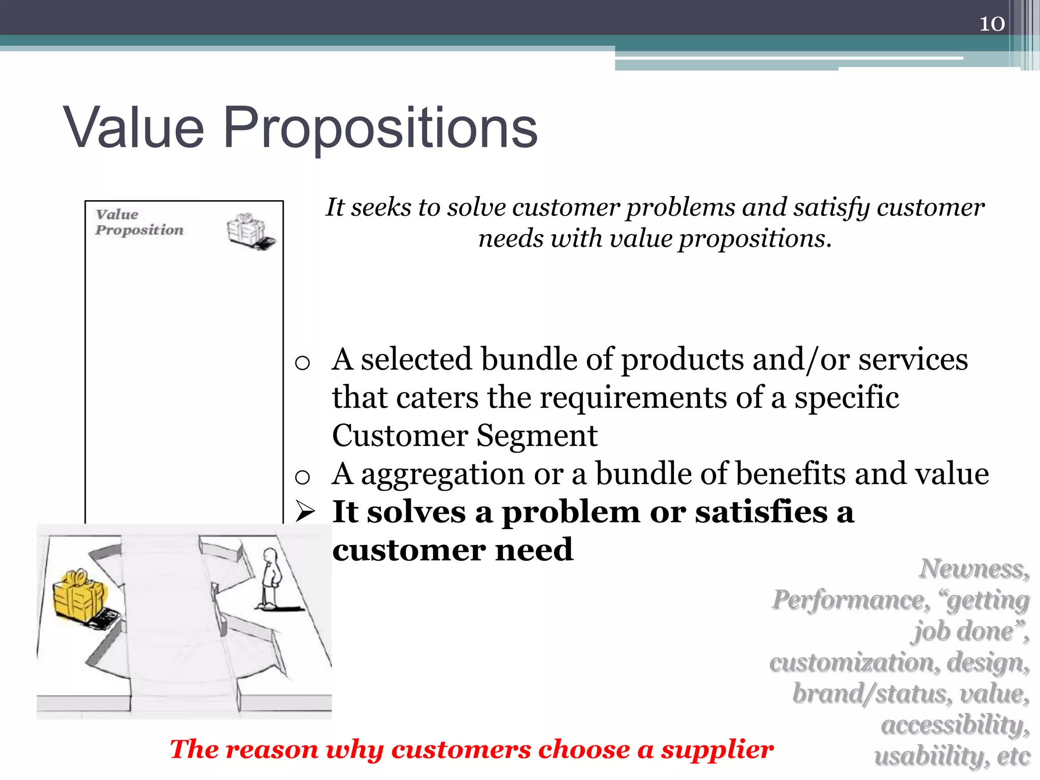 10



Value Propositions
               It seeks to solve customer problems and satisfy customer
                              needs with value propositions.



             o A selected bundle of products and/or services
               that caters the requirements of a specific
               Customer Segment
             o A aggregation or a bundle of benefits and value
              It solves a problem or satisfies a
               customer need
                                                           Newness,
                                              Performance, “getting
                                                          job done”,
                                              customization, design,
                                                brand/status, value,
                                                       accessibility,
    The reason why customers choose a supplier        usabiility, etc
 