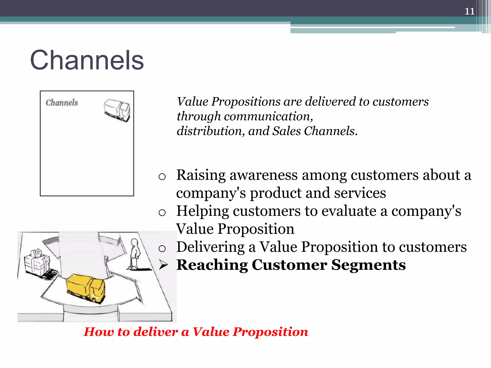 11



Channels
                 Value Propositions are delivered to customers
                 through communication,
                 distribution, and Sales Channels.


              o Raising awareness among customers about a
                company's product and services
              o Helping customers to evaluate a company's
                Value Proposition
              o Delivering a Value Proposition to customers
               Reaching Customer Segments



   How to deliver a Value Proposition
 