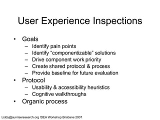 User Experience Inspections Goals Identify pain points Identify “componentizable” solutions Drive component work priority Create shared protocol & process Provide baseline for future evaluation Protocol Usability & accessibility heuristics Cognitive walkthroughs Organic process 