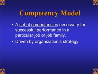 Competency Model
• A set of competencies necessary for
  successful performance in a
  particular job or job family.
• Driven by organization’s strategy.
 