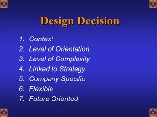 Design Decision
1.   Context
2.   Level of Orientation
3.   Level of Complexity
4.   Linked to Strategy
5.   Company Specific
6.   Flexible
7.   Future Oriented
 