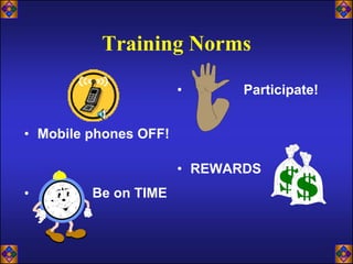 Training Norms

                       •      Participate!


• Mobile phones OFF!

                       • REWARDS
•        Be on TIME
 