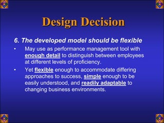 Design Decision
6. The developed model should be flexible
•   May use as performance management tool with
    enough detail to distinguish between employees
    at different levels of proficiency.
•   Yet flexible enough to accommodate differing
    approaches to success, simple enough to be
    easily understood, and readily adaptable to
    changing business environments.
 