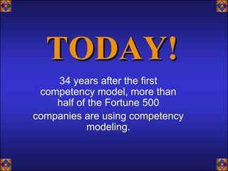 TODAY!
    34 years after the first
 competency model, more than
    half of the Fortune 500
companies are using competency
           modeling.
 