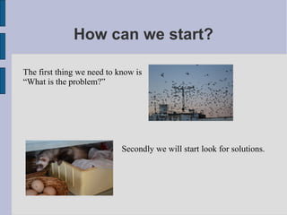 How can we start?

The first thing we need to know is
“What is the problem?”




                            Secondly we will start look for solutions.
 