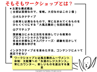 そもそもワークショップとは？
■ 主要な構成概念
（全部は面倒なので、省略。大切なのはこの 2 個）
　①オルタナティブ　
　公教育とは異なるもので、常に生まれてくるものを
　ひとくくりにする「大風呂敷的（包括的概念）
　②アマチュア
　国家権力による正当性を保持している教育の
　プロフェッショナルではない
　各自の多様なエキスパティーズ・経験を活かして
　多種多様な学びを

インタラクティブさを含めた手法、コンテンツによって
規定できない
質の保証を行うことが極めて困難
 ワークショップとは風呂敷的ムーヴメント
  ワークショップとは風呂敷的ムーヴメント
 体制・支配層への「永遠のレジスタンス」
  体制・支配層への「永遠のレジスタンス」
 常にカウンター、新しいものを産出する意
  常にカウンター、新しいものを産出する意
           思
           思
          Copyright(C) Jun Nakahara, All rights reserved.   5
 